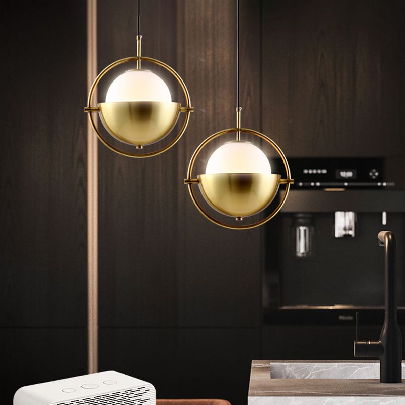 Brass Orb Pendant Lighting Contemporary 1-Light Opal Glass Hanging Lamp Kit with Metal Frame