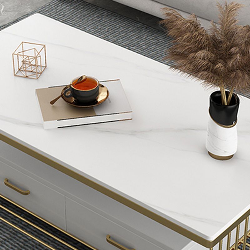 Rectangular Stone 4 Legs Coffee Cocktail Table with 2 Drawers