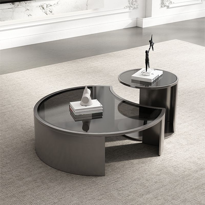 Glass Top Coffee Table Round Nesting Coffee Table Set with Grey Legs
