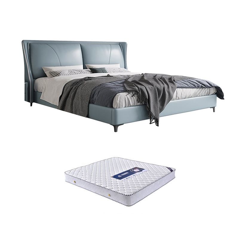 Modern Genuine Leather Panel Bed Pine Wood Bed with Upholstered Headboard