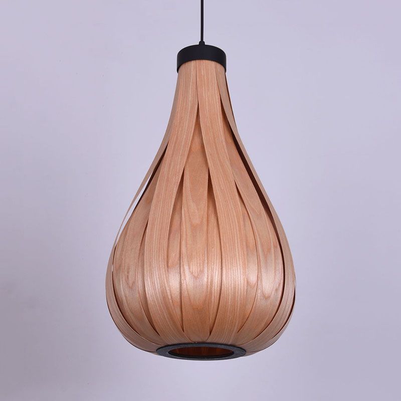 Brown/White Water Drop Pendant Light Asian Style Wooden Single Head Hanging Lamp over Dining Table