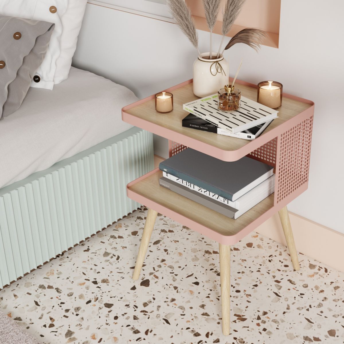 20" H Accent Table Nightstand Pearl Wood and Metal Night Table Lower Shelf