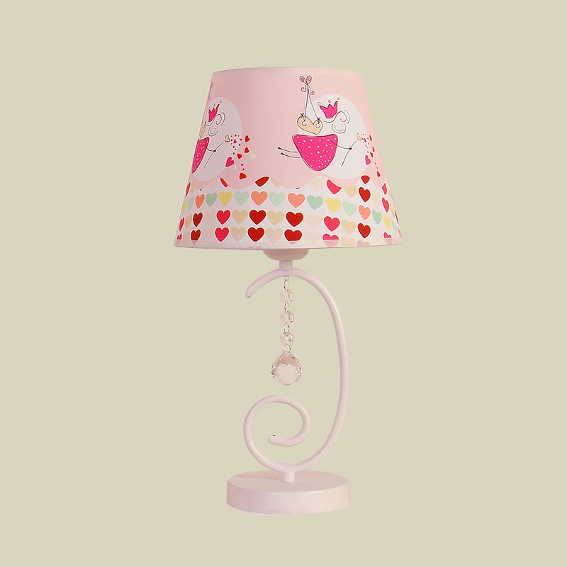 Barrel Bedroom Table Light Fabric 1 Bulb Cartoon Night Lamp in White with Crystal Drop and Sheep/Loving Heart/Elephant Pattern