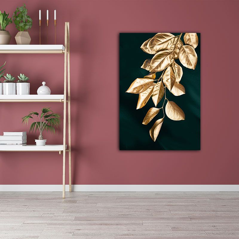Gold Leaves Canvas Botanical Modern Style Textured Wall Art Decor for Guest Room