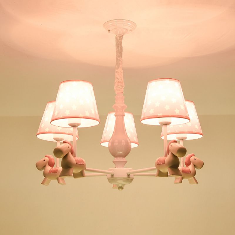 Pink Tapered Shade Chandelier Kid Fabric Down Lighting Pendant with Horse Figurine