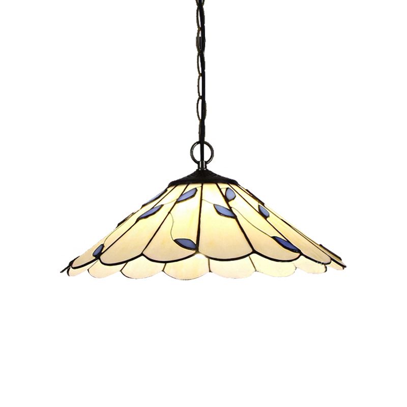 Flared Pendant Lighting 1 Bulb Beige Stained Glass Tiffany-Style Hanging Ceiling Light with Leaf Pattern