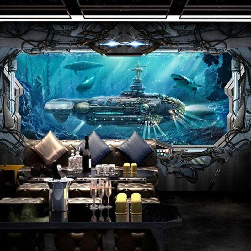Undersea Mural Wallpaper in Dark Blue, Modern Wall Covering for Theme Restaurant