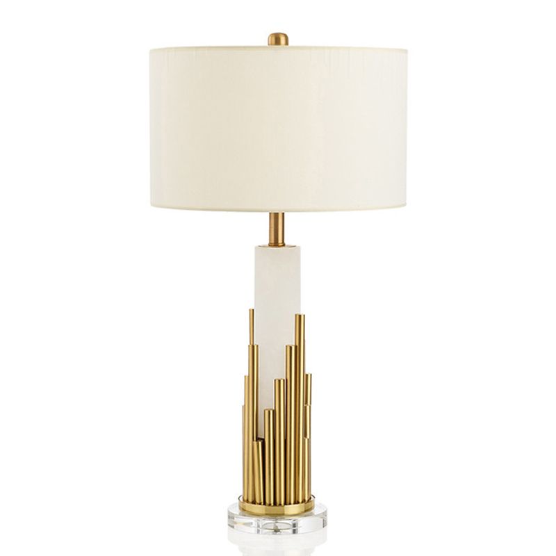 Fabric Drum Shade Table Lamp Simple Style 1 Bulb White Nightstand Light for Living Room