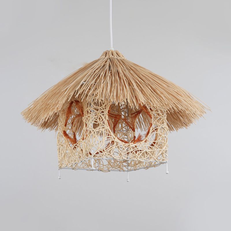 1 Head Living Room Hanging Lamp Asia Beige Ceiling Pendant Light with House Bamboo Shade