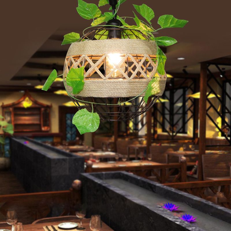 1-Light Iron Plant Hanging Lamp Vintage Beige Globe Restaurant Lighting Pendant with Rope Detail