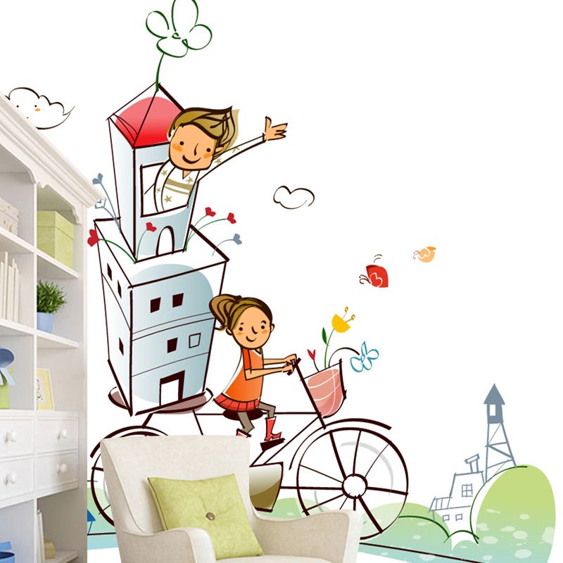 Cartoon Fantasy Bike Riding Mural Decal Orange-Green Water Resistant Wall Art for Bedroom