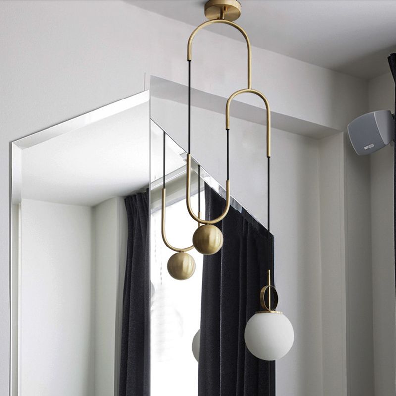 Postmodern Globe Pendant Lamp White Glass 1 Head Dining Room Hanging Light in Brass