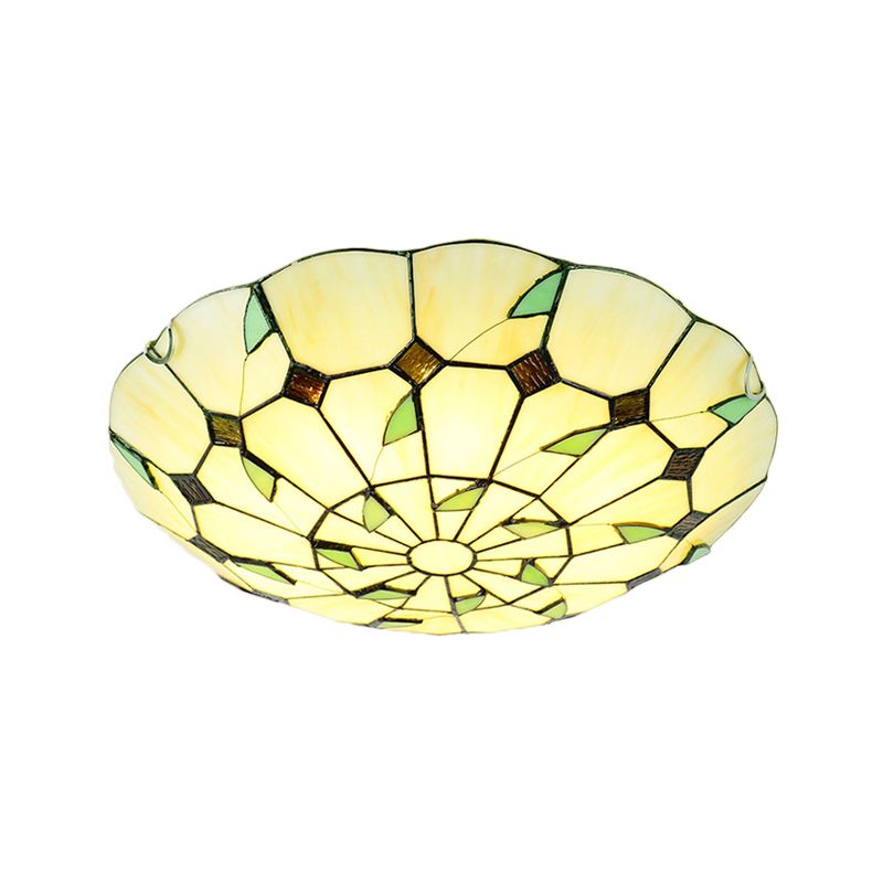 3 Bulbs Bowl Flush Lighting Stained Glass Tiffany Ceiling Light Fixture for Living Room