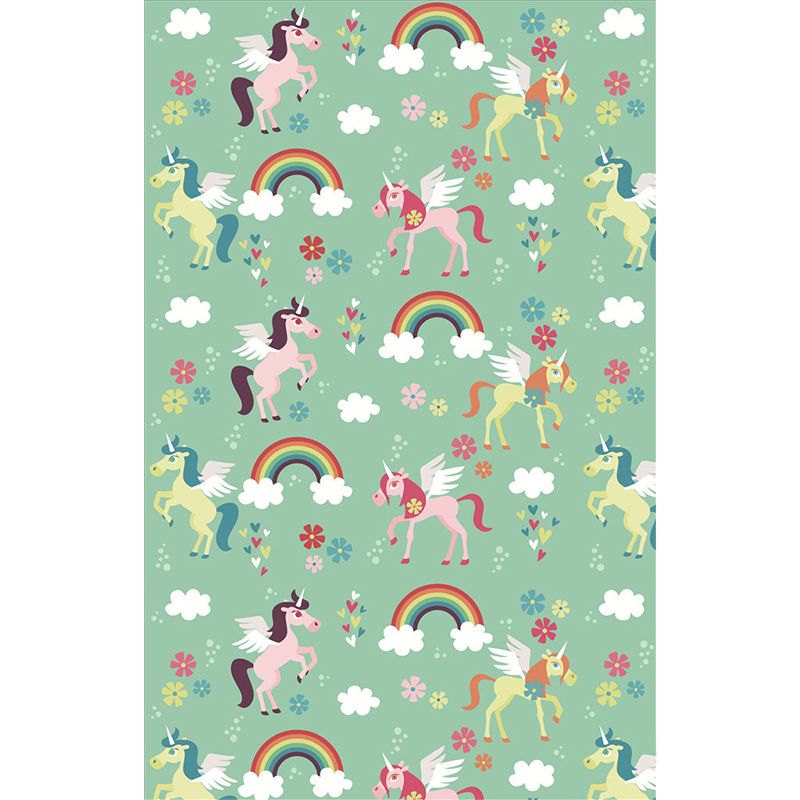 Green Cartoon Mural Wallpaper Whole Rainbow and Unicorn Pattern Wall Decor for Nursery