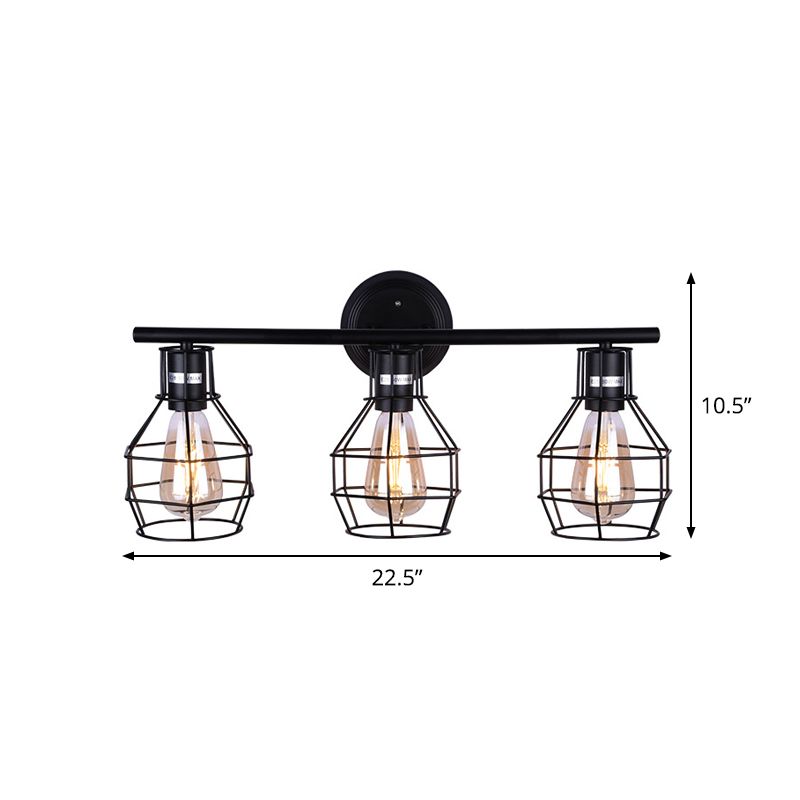 Industrial Torpedo Cage Wall Lamp 3 Lights Metallic Wall Lighting Fixture in Black