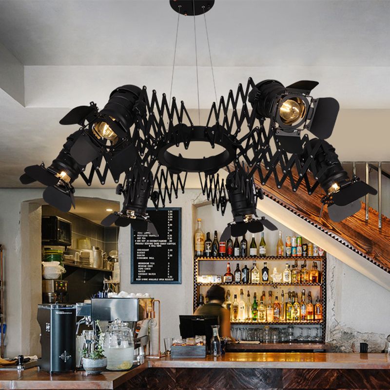 Black 5 Heads Spotlight Art Deco Iron Camera Chandelier Pendant Lamp with Telescopic Arm