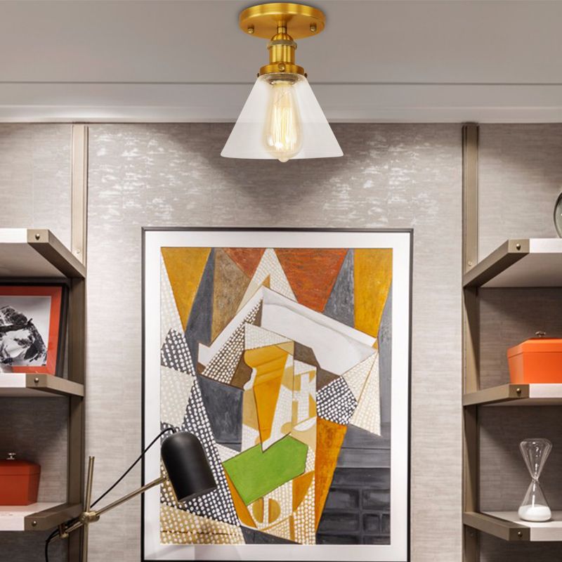 Single Bulb Semi-Flush Mount Industrial Conical Clear Glass Ceiling Light in Black / Brass / Copper