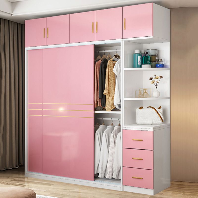 Pink Hanging Clothes Rack Wooden Wardrobe Armoire with Lower Storage Drawers