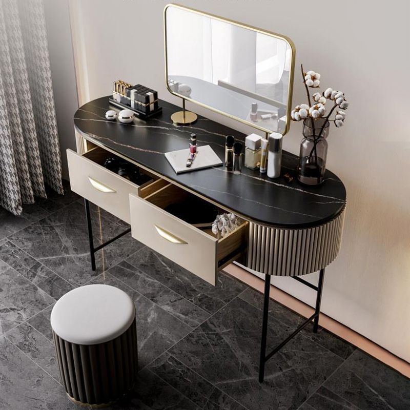 2 Storage Drawers Dresser with Mirror & Padded Stool Contemporary Stone Top Vanity
