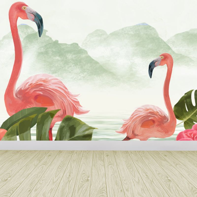 Tropical Wild Flamingos Wall Mural Pink Decorative Wall Covering for Living Room