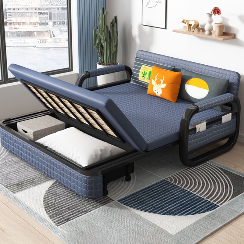 Modern Sofa Bed in Blue Faux Leather Futon And Mattress with Storage