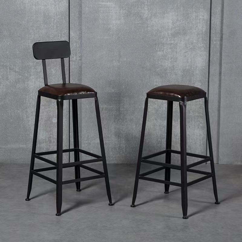 Industrial Brown Counter Stool Leather Square Stool with Black Metal Frame