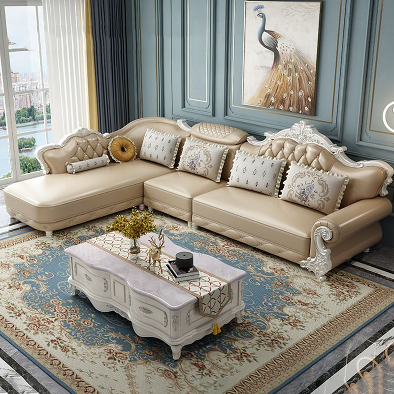 Tufted Scroll Arm Chesterfield Sofa and Chaise Genuine Leather Sofa with Pillows