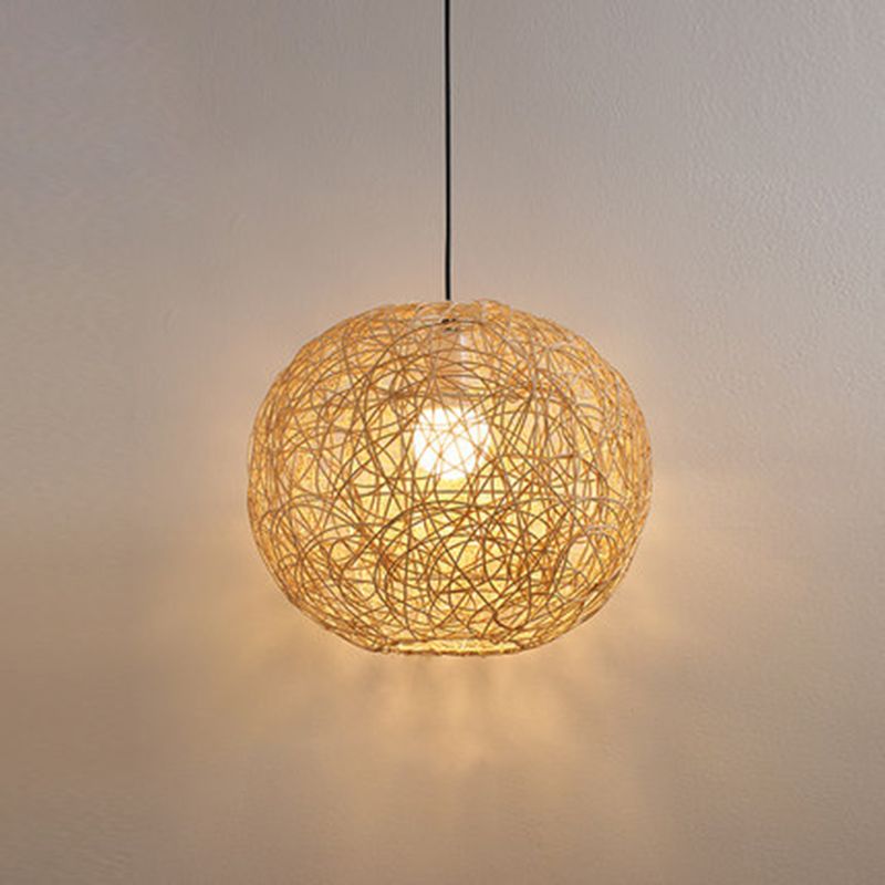 Restaurant Pendant Light Kit Asia Style Beige Hanging Ceiling Light with Globe Rattan Shade