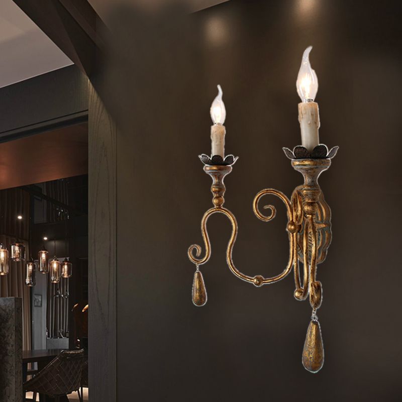 Candlestick Metallic Wall Mount Light Retro 2 Heads Corridor Wall Lighting with Swirled Arm in Gold