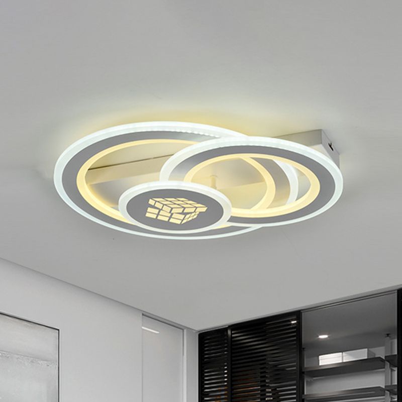 3-Circular Semi Mount Lighting Modernism Acrylic LED White Close to Ceiling Lamp for Bedroom