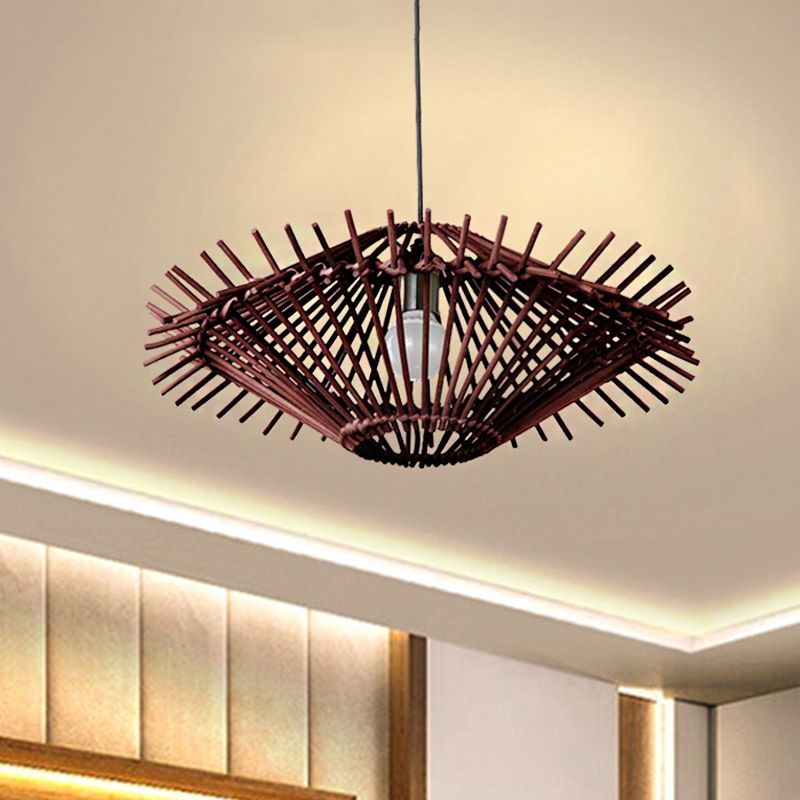 Beige/Brown Disc Pendant Light Rustic Single Bulb Bamboo Hanging Light Fixture for Restaurant Living Room