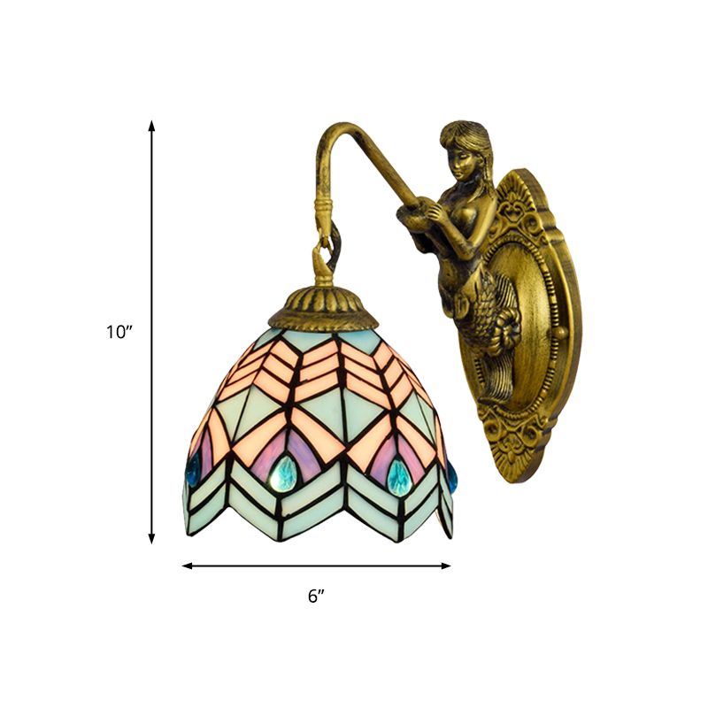 Peacock Tail Sconce Light Tiffany Multicolor Stained Glass 1 Head Antique Brass Wall Mount Light