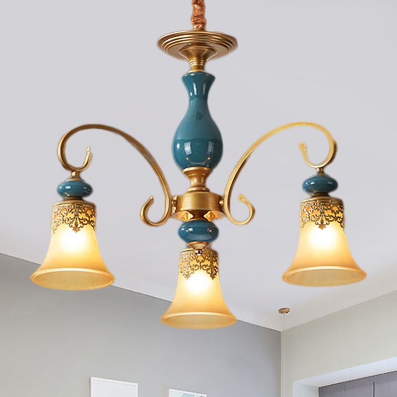 3/5/6-Bulb Suspension Pendant Light Countryside Swooping Arm Metal Chandelier in Brass with Bell Milk Glass Shade