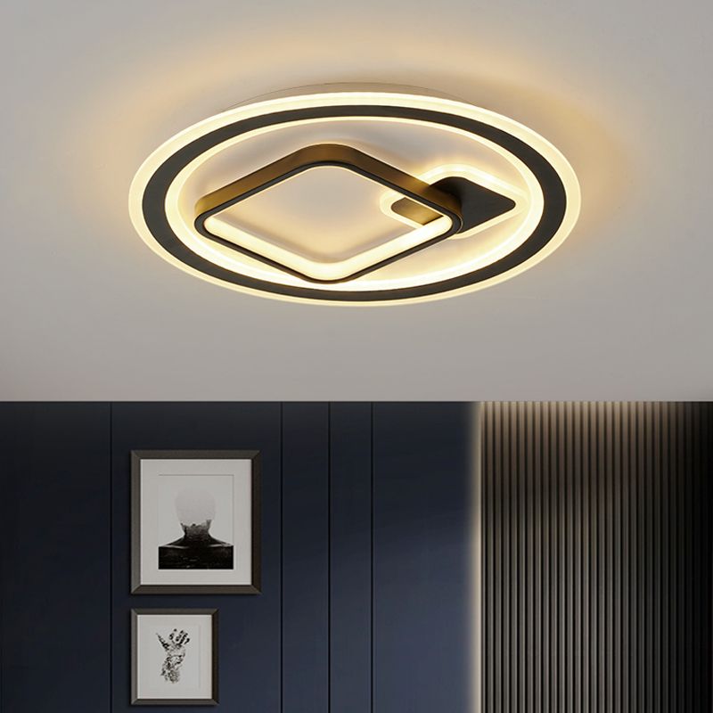Round/Square Hotel Ceiling Fixture Aluminum Modern Style LED Flush Mount Lamp in Black, Warm/White/3 Color Light