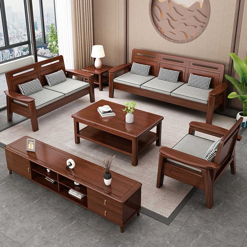 Brown Square Arm Sectional Sofas Solid Wood Sectional Couch for Living Room