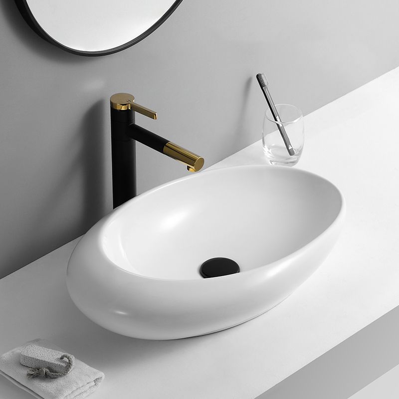 Contemporary Bathroom Sink with Pop-Up Drain Porcelain Oval-Shape Vessel Lavatory Sink