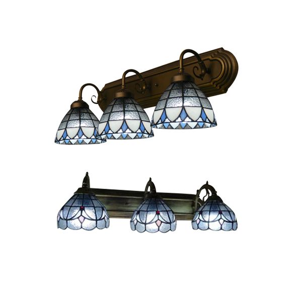 Dome Wall Mount Light with Curved/Arc Arm 3 Lights Stained Glass Vintage Vanity Light for Bathroom