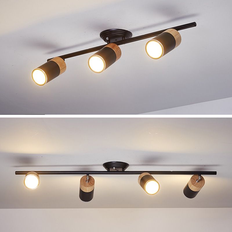 Nordic Cylindrical Metal and Wooden Cylindrical Track Spotlights Flush Mount Ceiling Light Fixtures for Foyer and Shop