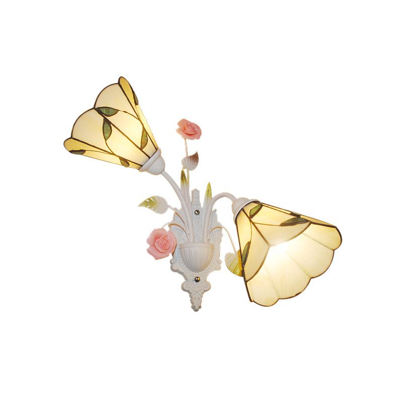 2 Lights Living Room Wall Mounted Light Baroque White Sconce with Conical Stained Glass Shade