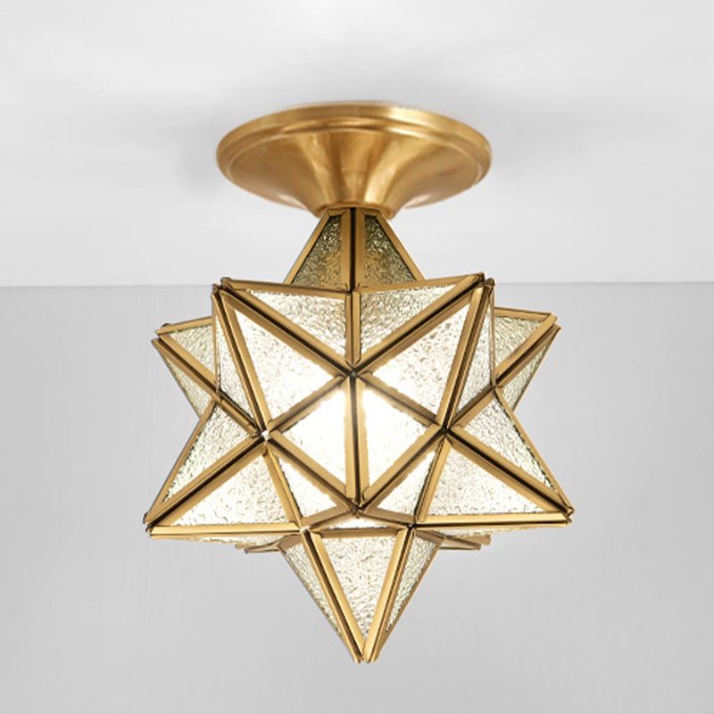 Lámpara de techo de latón y vidrio estilo colonial vintage, lámpara de techo con forma de estrella de cobre para pasillo