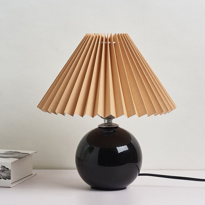 Globe Bedside Table Lamp Ceramic Modern Nightstand Lighting with Conical Pleated Shade