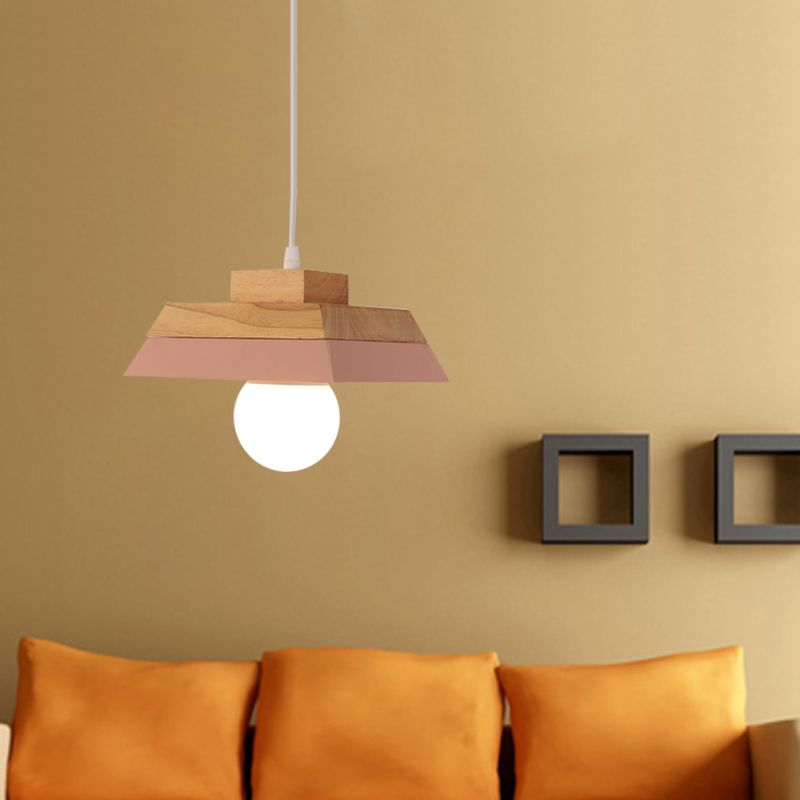 1-Bulb Living Room Suspension Light Modernism Yellow/Pink and Wood Hanging Lamp Kit with Geometric Metal Shade