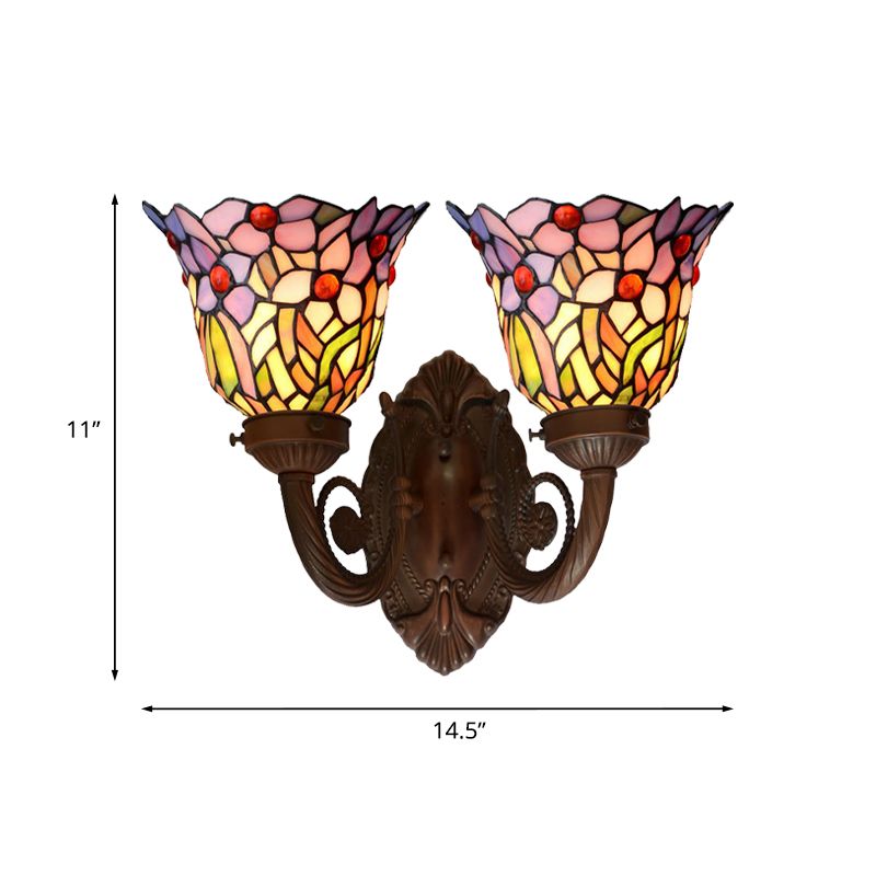 Pink/Blue Flared Wall Sconce Lighting Mediterranean 2 Heads Hand Cut Glass Wall Light Fixture with Fruit Pattern