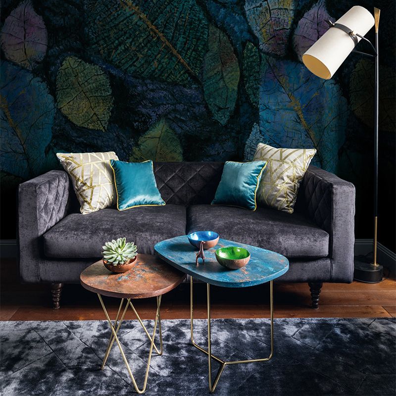 Aqua Scattered Leaf Wallpaper Murals Stain Resistant Wall Covering for Living Room