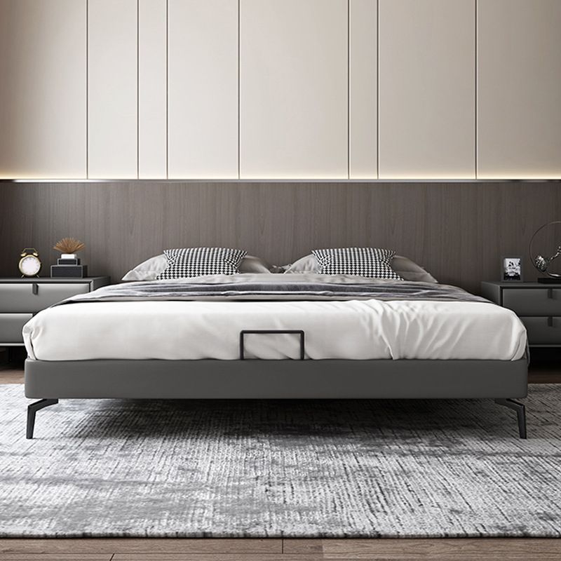 Contemporary Panel Bed Faux Leather and Wood Platform Bed Frame in Dark Grey