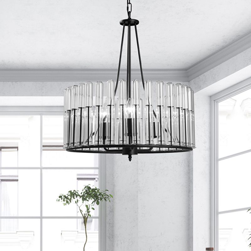 Black Cylinder Hanging Light Kit Traditional Fluted Crystal 3 Lights Dining Room Chandelier Lamp