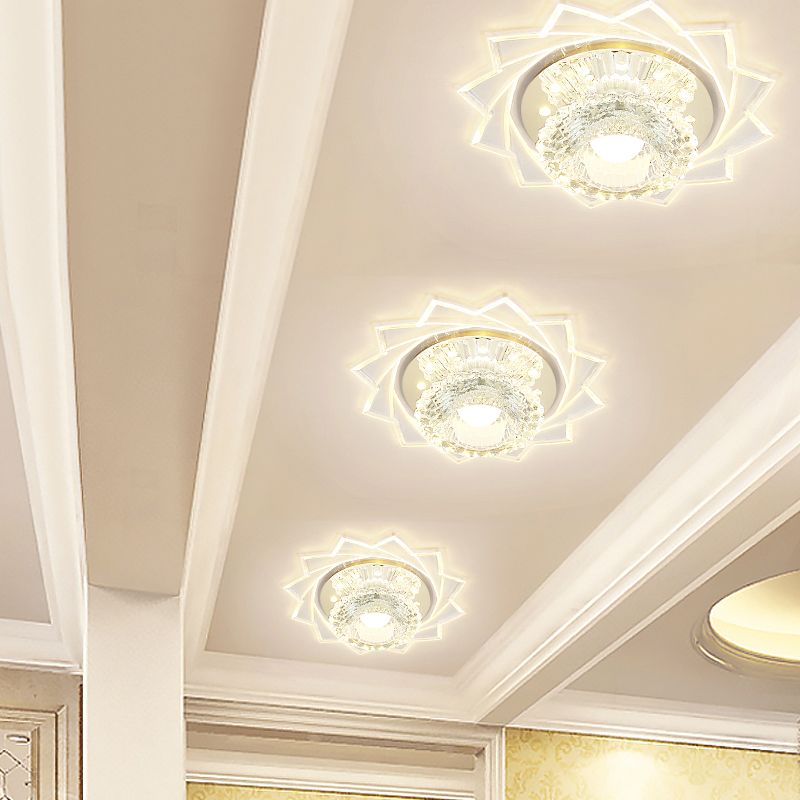 Plafonnier LED pour couloir, plafonnier moderne en acier inoxydable avec abat-jour en cristal transparent tournesol