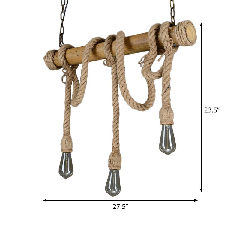 Bare Bulb Design Bamboo Hanging Lamp Rustic 3/6-Head Dining Room Island Light with Rope Cord in Brown