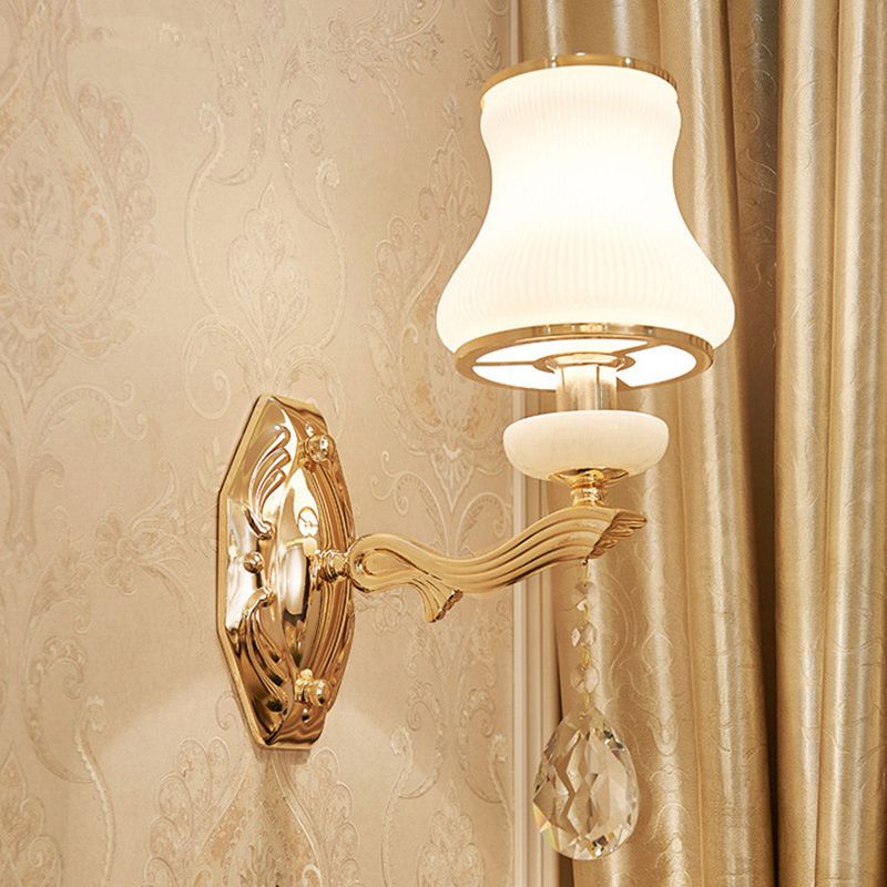 Bell Bedroom Wall Light Gifce Traditional Opal Grosted Glass 1/2 Bulbes Brass Wall Lampe With Clear Crystal Drop
