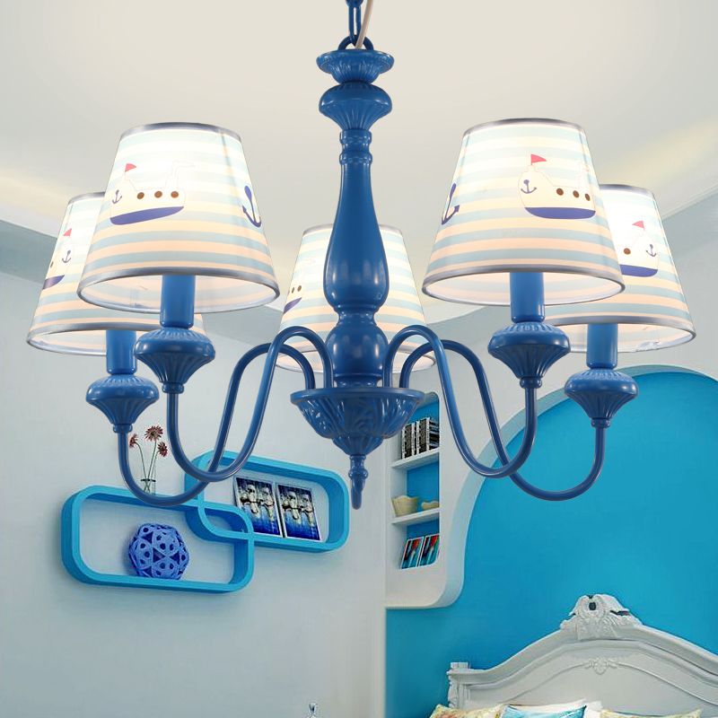 Modern Empire Shade Ceiling Lighting Patterned Fabric 5 Heads Child Room Chandelier Light Fixture in Blue